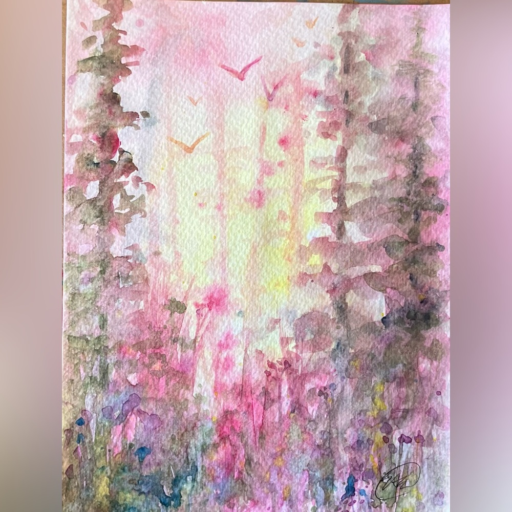Original landscape painting Watercolor art Forest garden Pink Nature artwork USA